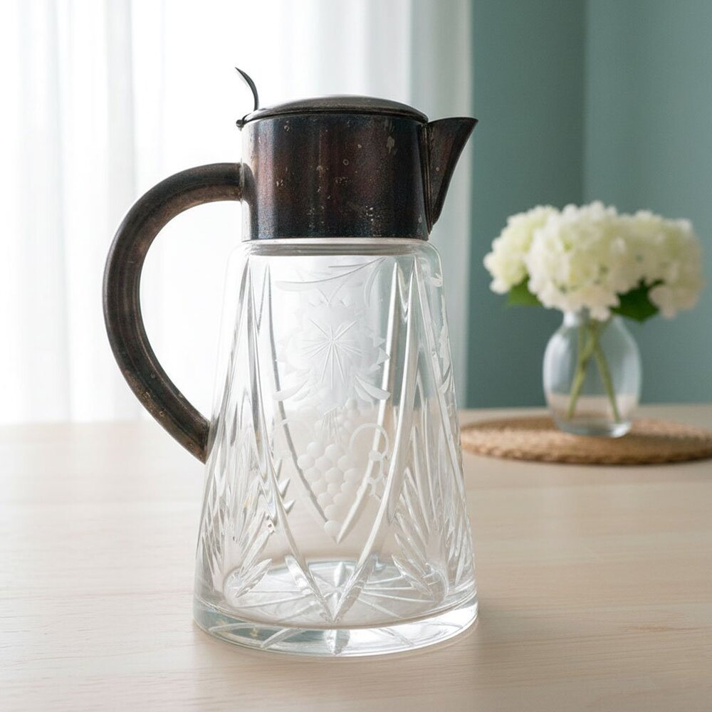 Antique Victorian Germany Silver Plated Cut Crystal Glass Lemonade Water Pitcher